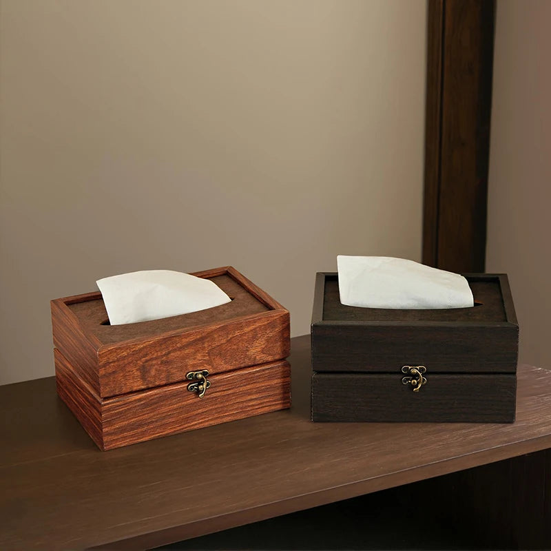 boîte mouchoirs bois foncé texture naturelle classique moderne fermeture dorés mouchoirs blancs decoration portable