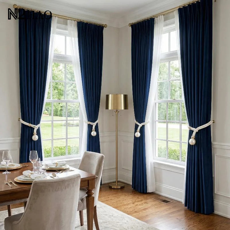 rideau polonais classique bleu marine blanc rayures ruban tissé opaques ajustables sans perçage