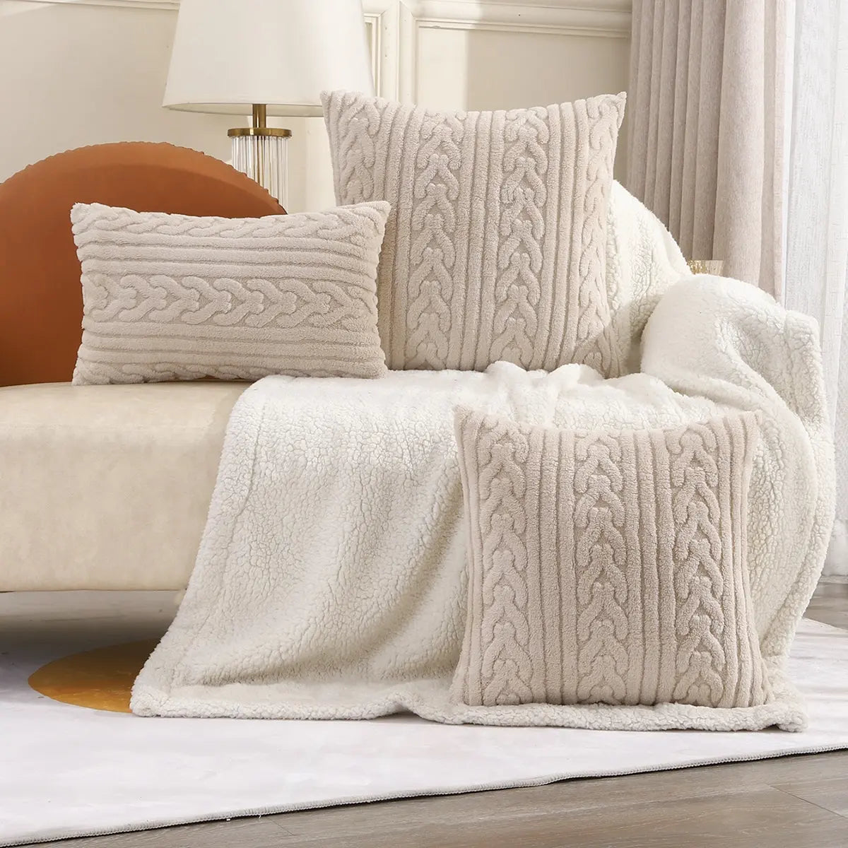 housse coussin peluche super douce motif tressé vintage opacité beige adhésif canapé chaise voiture