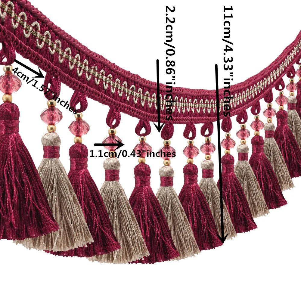 ruban franges rouge bordeaux beige clair decoratif textile maison bordure pompons 11cm