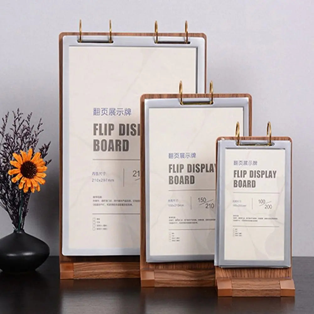 affiche flip display board bois naturel marron clips métalliques transparent moderne minimaliste a4 a5