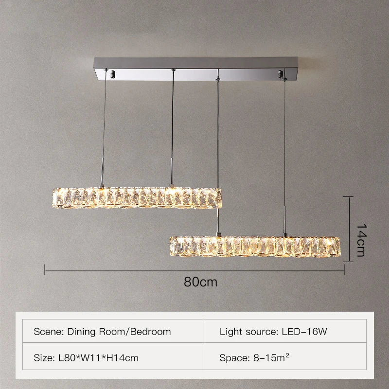Lampe suspension cristal transparente argentée moderne tringle acier inoxydable led dimmable 10 15m²