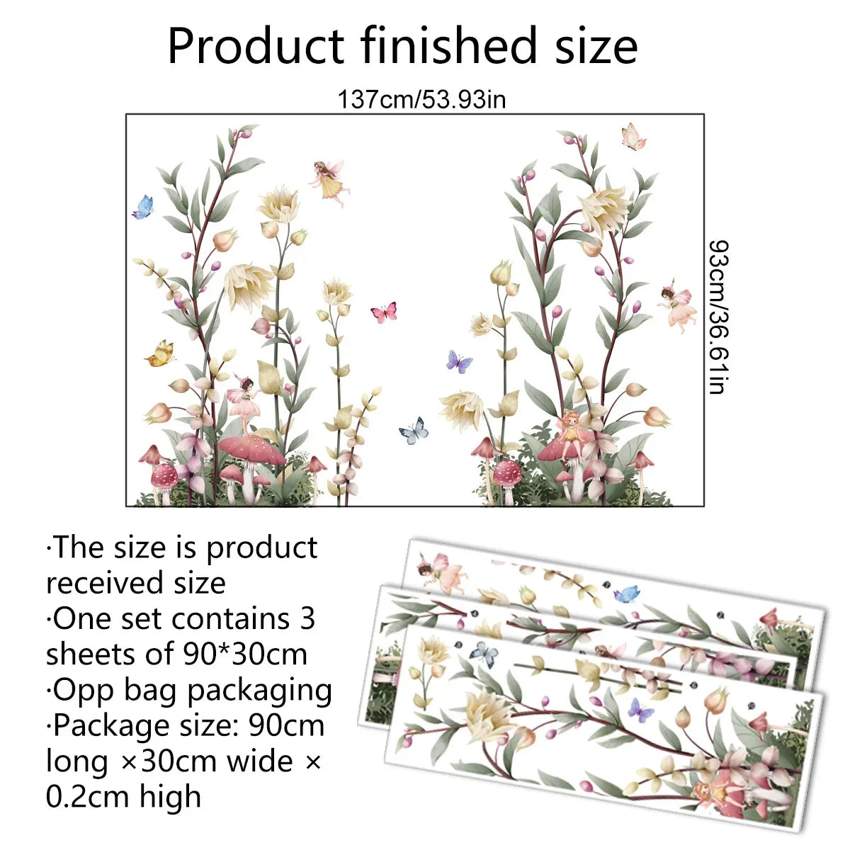 stickers muraux fleurs papillons fées champignons adhésifs pvc opaques vert beige rose blanc bleu
