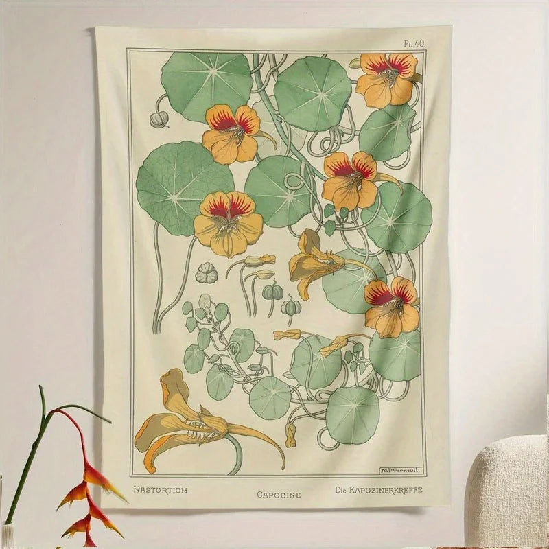 tapisserie vintage illustrative botanique fleurs feuilles salon chambre rouge orangé blanc