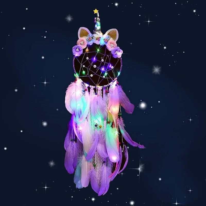 Attrape rêves multicolore plumes fantaisie licorne décoration chambre enfants toile d'araignée fleurs murales