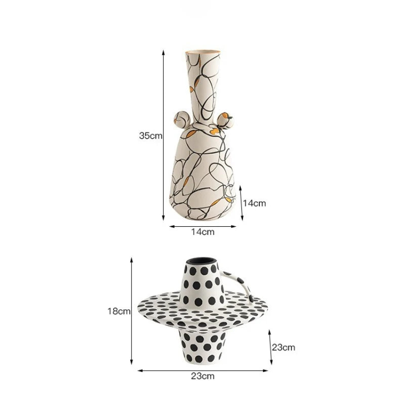 vase céramique moderne blanc noir orange motifs abstraits points bibliothèque décoration