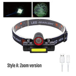 lampe frontale led rechargeable pêche camping avventure modes éclairage bandes élastiques zoom ajustable transparentes