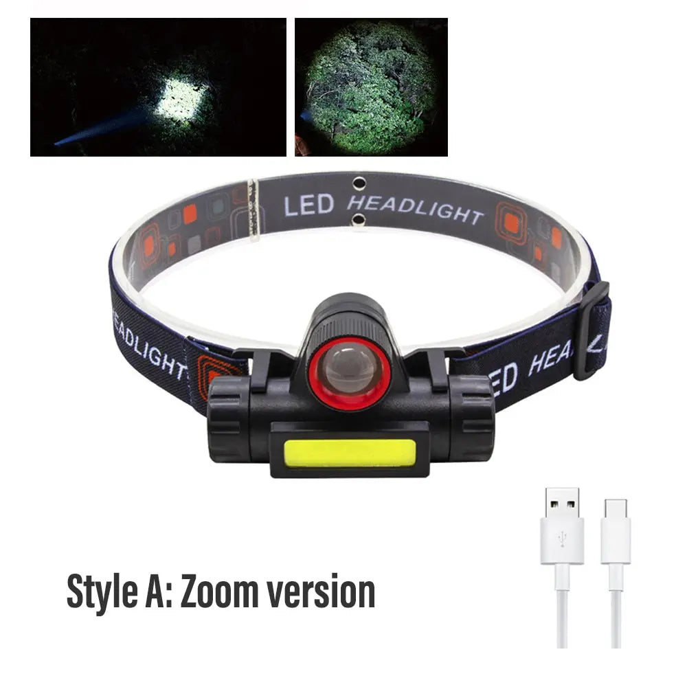 lampe frontale led rechargeable pêche camping avventure modes éclairage bandes élastiques zoom ajustable transparentes