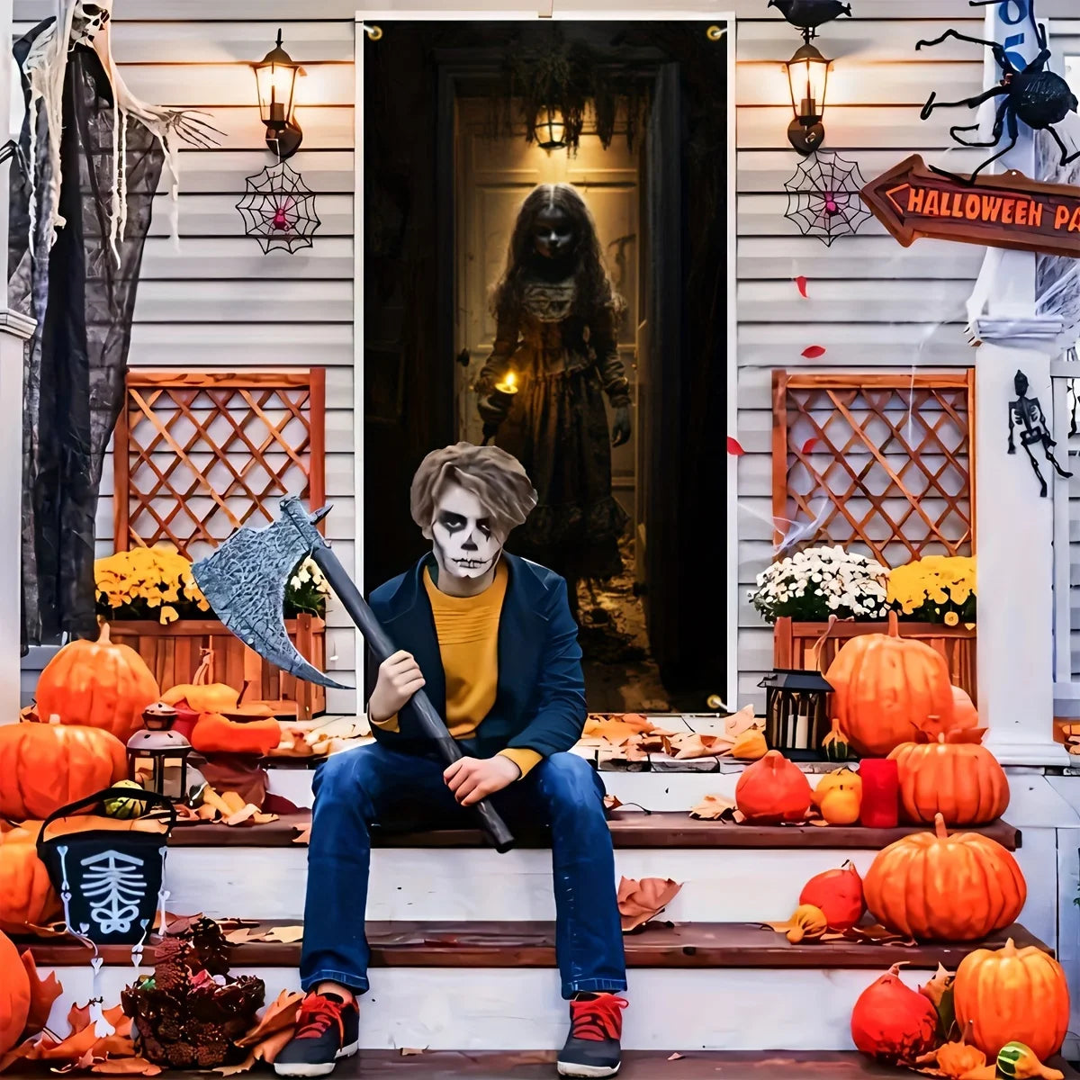 rideau porte halloween poupée effrayante noir imprimé happy halloween 180cm 90cm