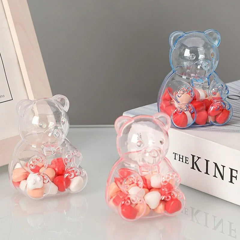 boîtes bonbons ours transparentes rose clair contemporaines mignonnes coeurs rouges blancs oranges mariage snacks