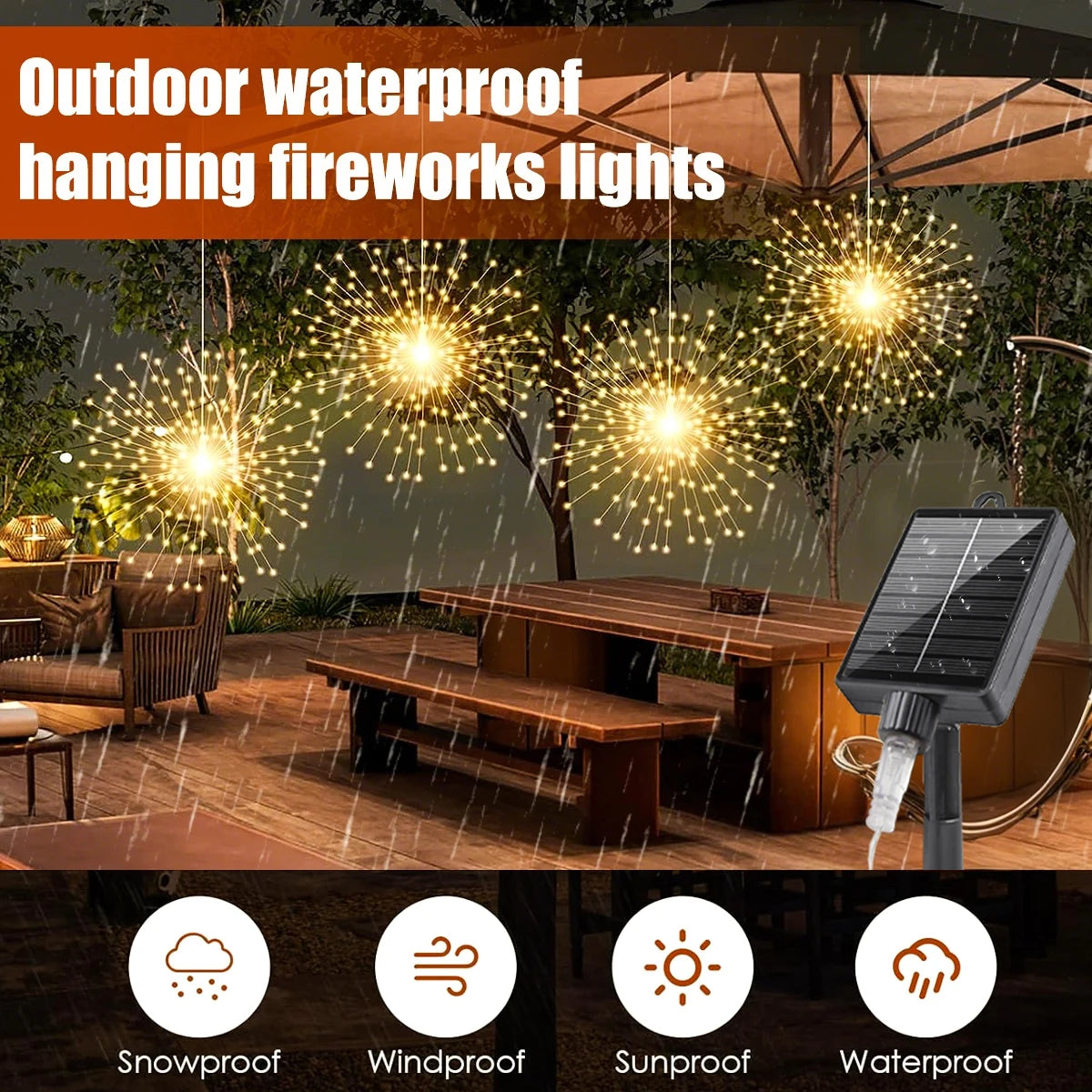 guirlande lumineuse solaire blanc doré feux d'artifice moderne clips extérieur modes éclairage festive jardin