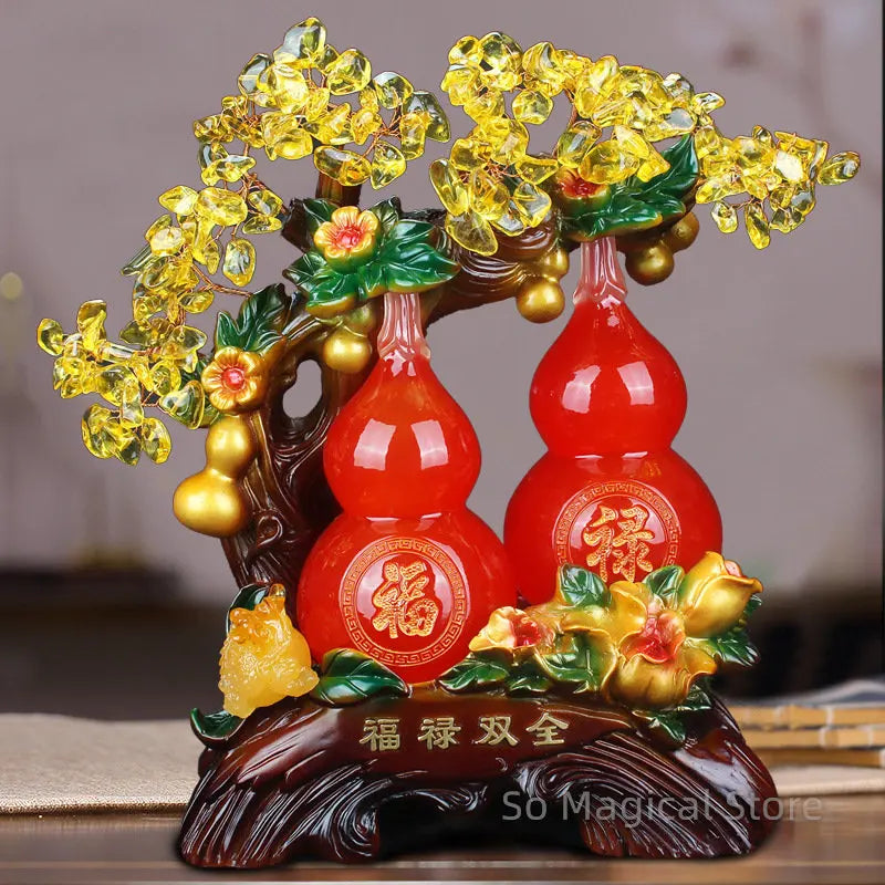 décoration chinoise gourdes sculptées feuilles cristal inscriptions traditionnelles verte rouge maison feng shui