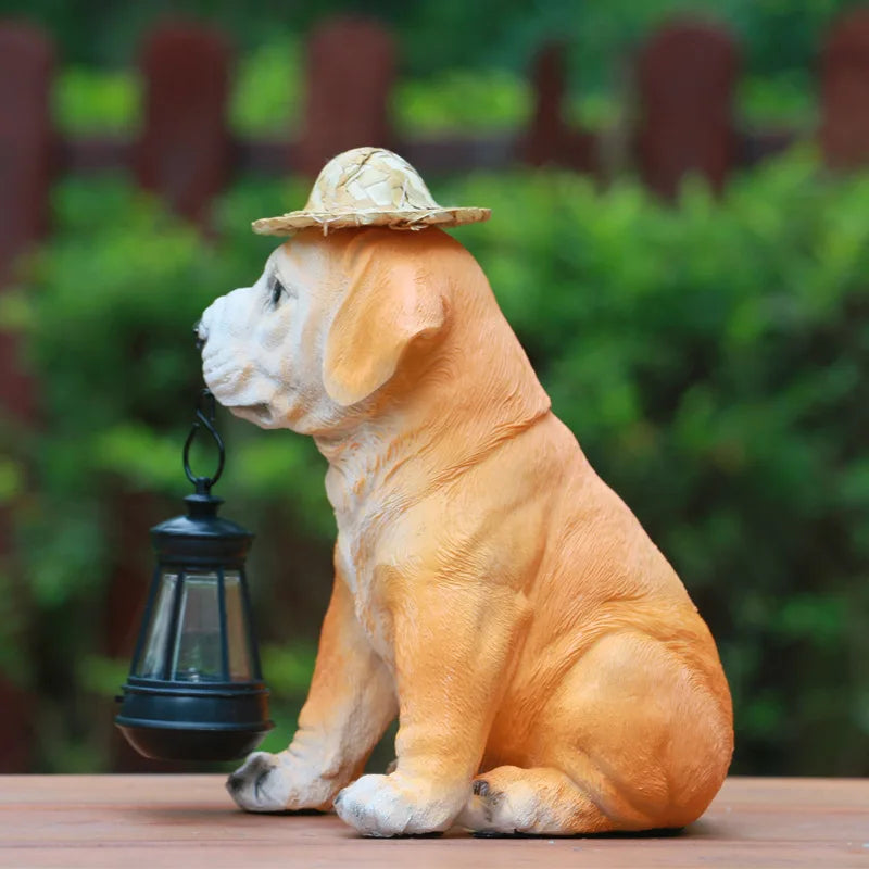 statue solaire chien lanterne chapeau paille décoration extérieure nuit réelle texture rustique charmante led
