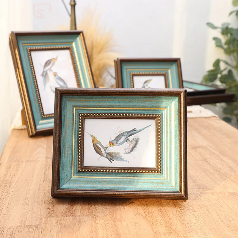 Cadre photo classique vintage brun foncé bleu clair insecte oiseau résine 10 pouces A4