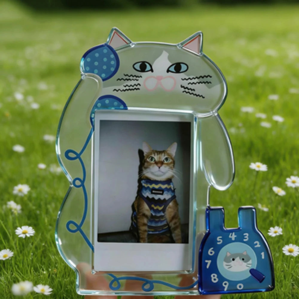 cadre photo transparent chat bleu violet enfantin dessin moustaches fil laine téléphone números