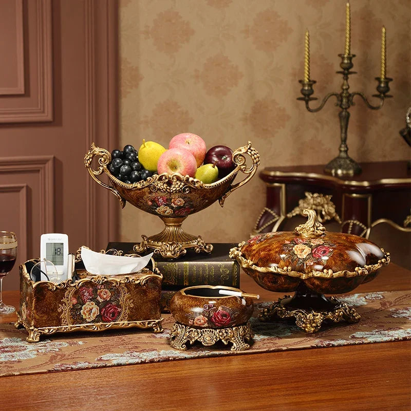 décoration table résine or marron fleurs classique vase boîte mouchoirs cendrier fruits bouquets