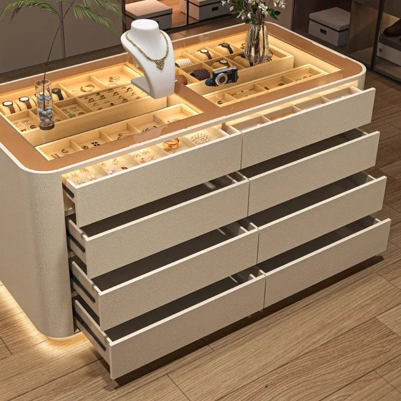 meuble rangement bijoux bois cuir moderne boîtes porte bijoux vase fleurs artificielles minimaliste