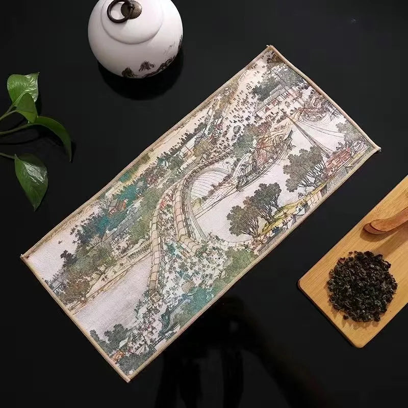 serviettes thé vert bleu beige peinture chinoise motifs floraux art traditionnel zipper cuisine