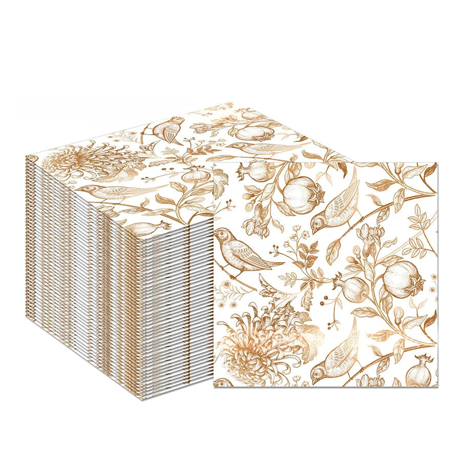 serviettes papier motifs oiseaux pomegranates fleurs vintage pliées dépliées mariage thé decoration diys table