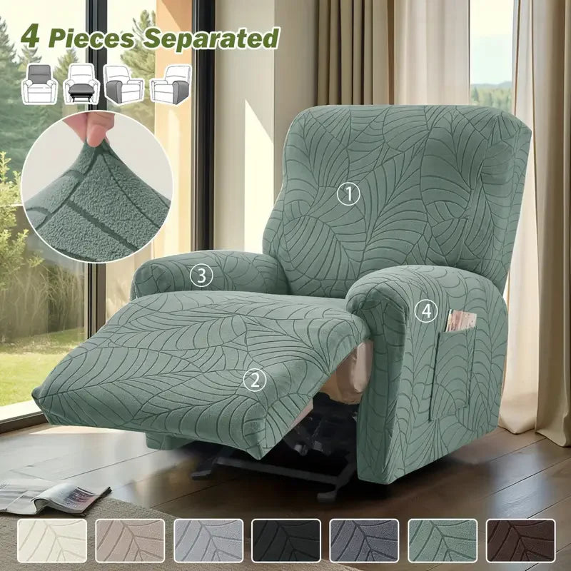 Housse fauteuil inclinable vert feuilles stylisées moderne adhésif poche polyestère jacquard extensible
