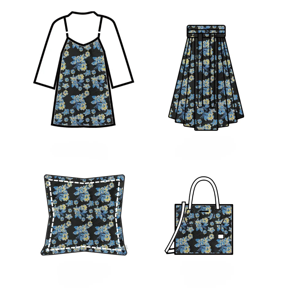 tissu polyester brodé fleurs relief noir vert bleu doré résistant opacité jacquard 165cm fleuri