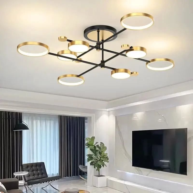 lustre moderne suspension lumineuse tête métallique noir or lisse géométrique chambre salon