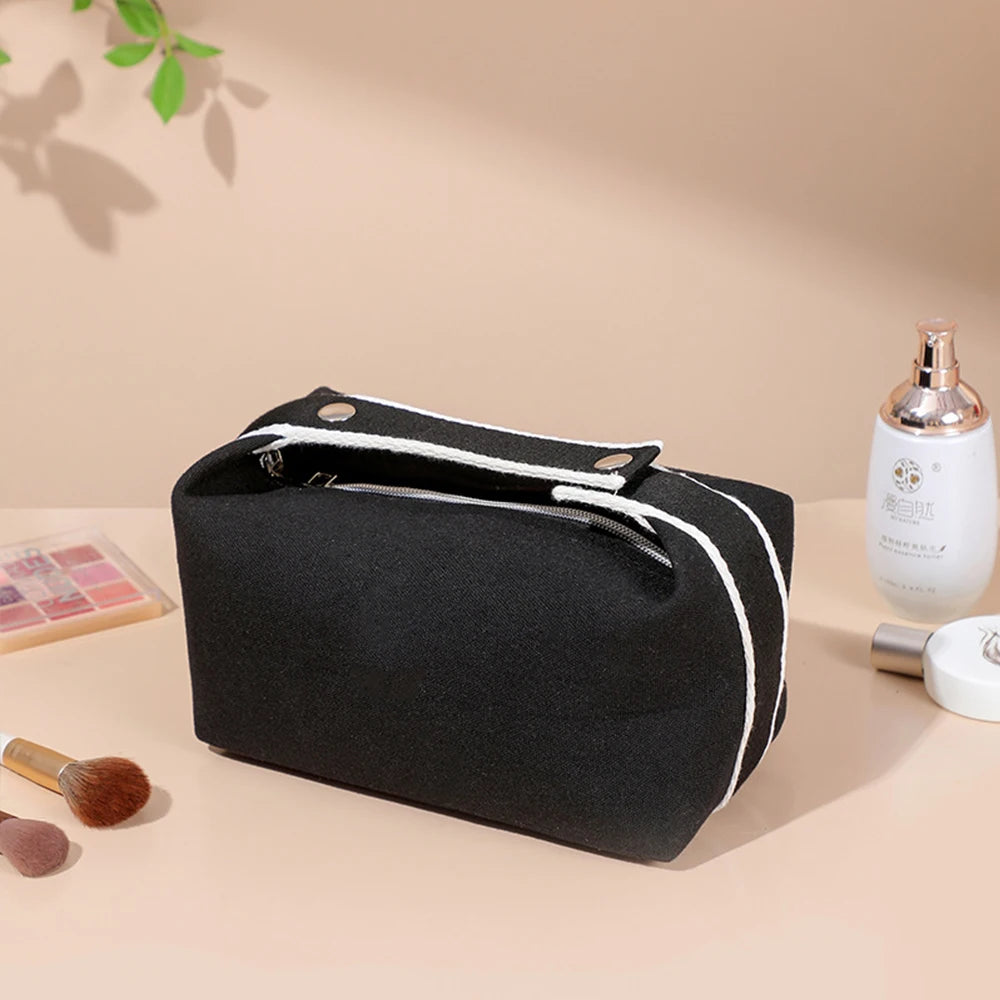 sac cosmétique toile rose clair blanc orange pliable multi usages modernes tridimensionnel porte poignée