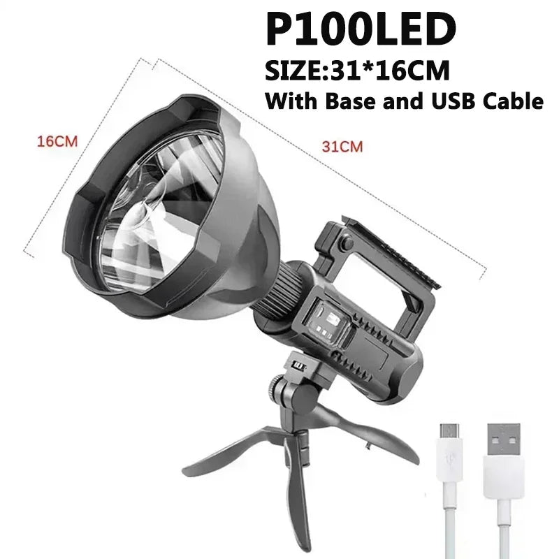 lampe torche led noire rechargeable projetant 500m robuste moderne trépied cable usb