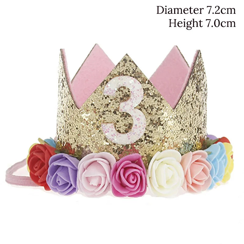 couronne enfant anniversaire ans paillettes or rose blanche fleurs artificielles bandeau élastique princesse festif
