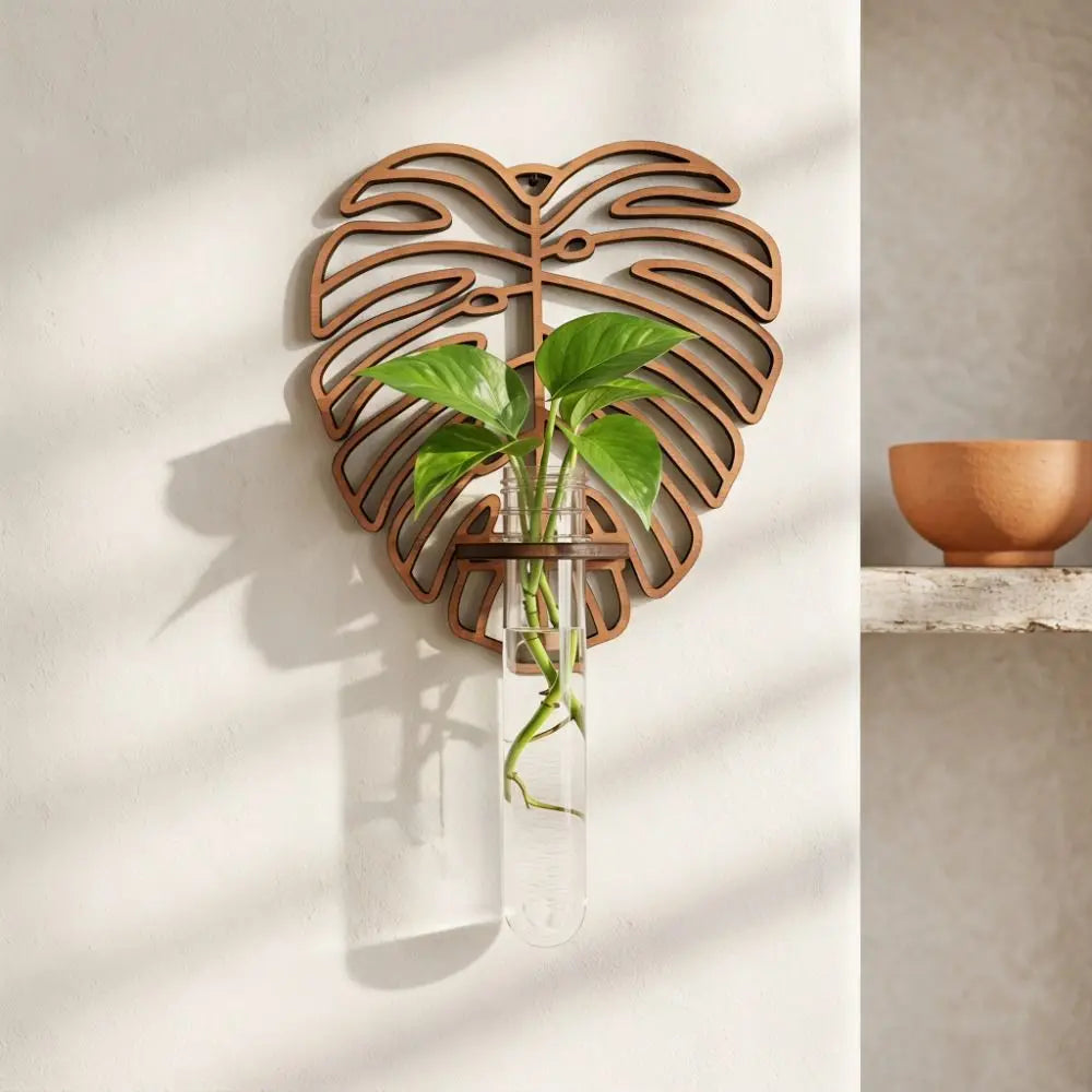 vase mural bois feuille transparent suspendu plante moderne nature inspiration