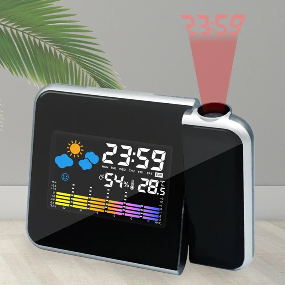 horloge projecteur moderne horaire alarme météo noir gris chambre salon