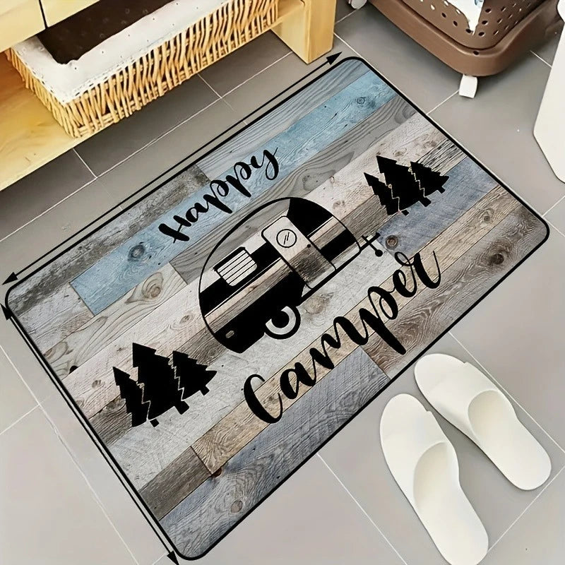 tapis vintage camping car bleu gris arbre happy camper moderne salonextérieur