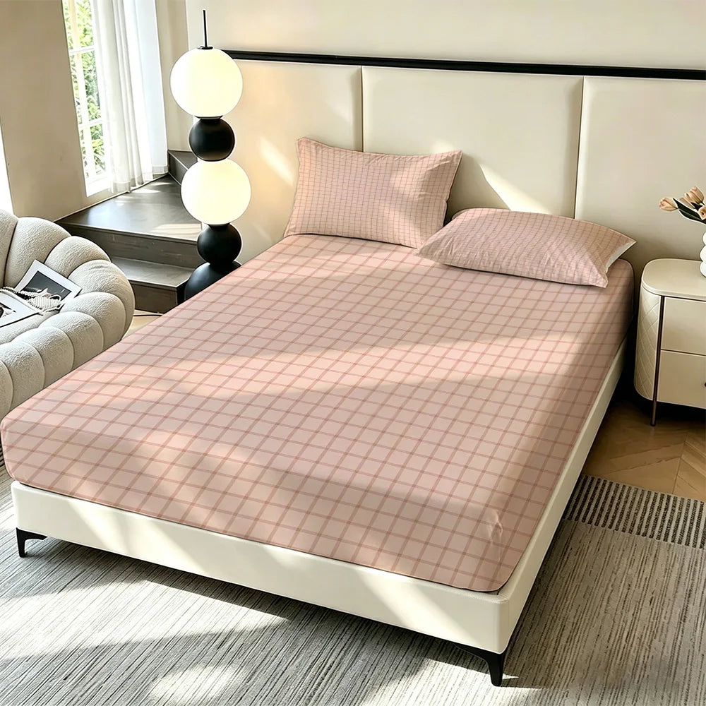 ensemble literie moderne rose poudré carreaux blanc crème fitted sheet pillowcases