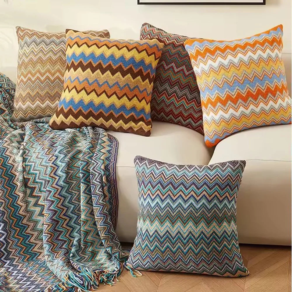 coussin carré zigzag multicolore ethnique polyester coton décoration intérieure chaise fixations oreillettes