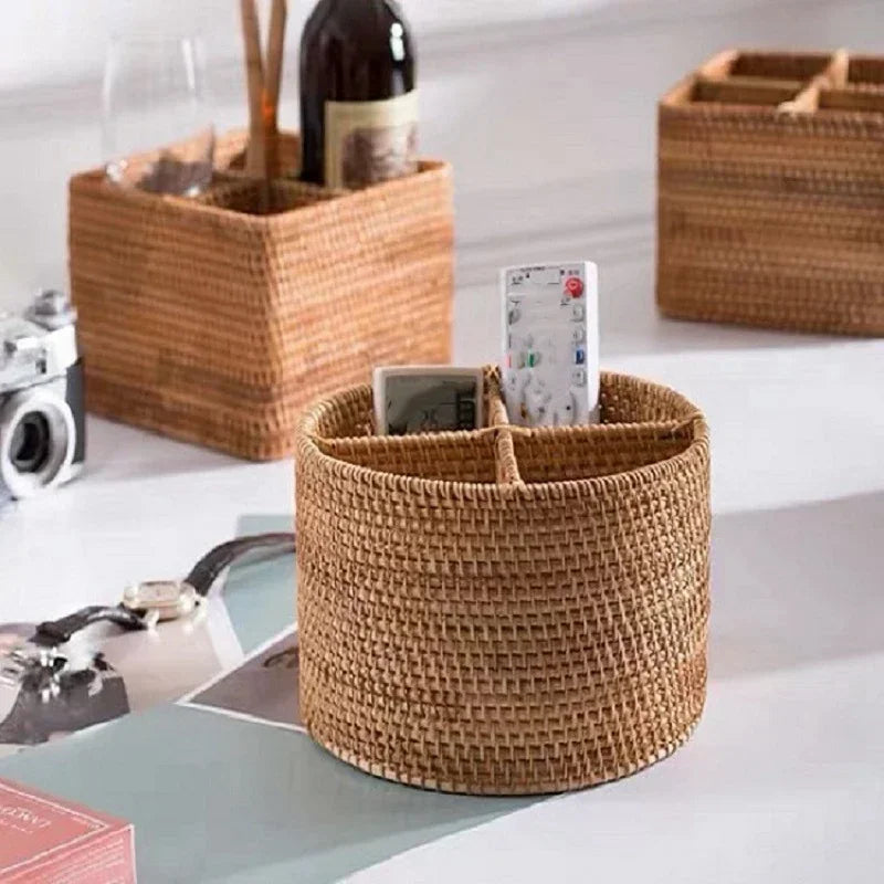 paniers rangement marron clair tissage géométrique rustique boîte rangement poignée organiser fruits télécommandes