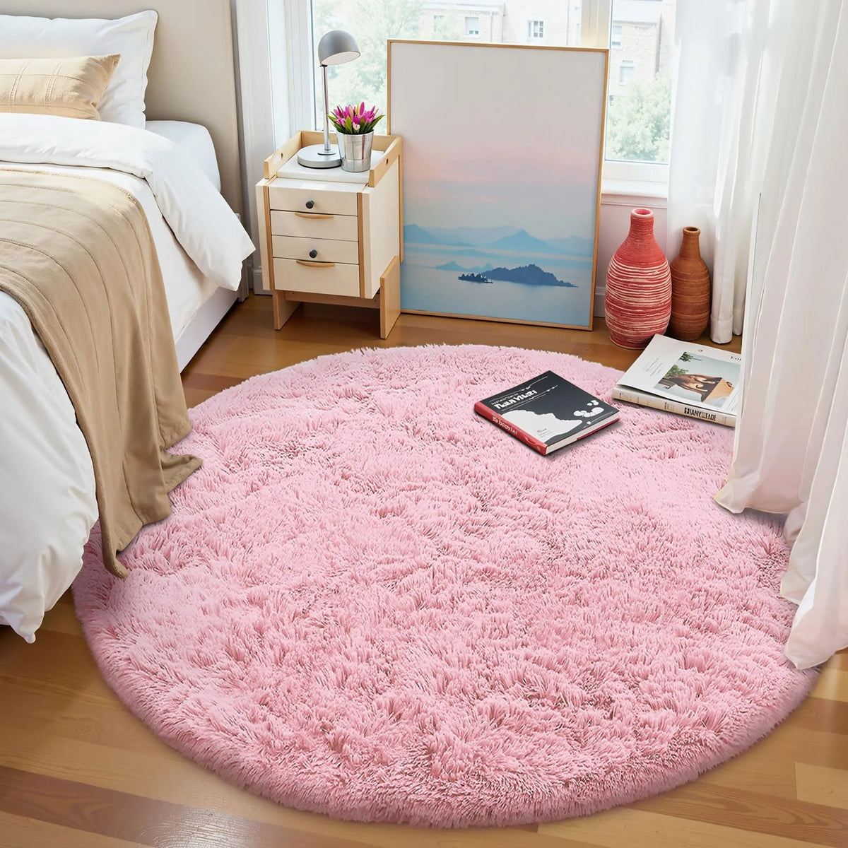 tapis rond doux rose peluche moderne salon chambre coucher voyage pique niqueextérieur