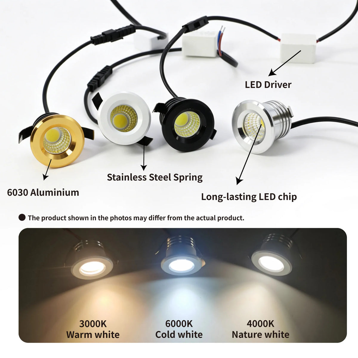 Spot LED 3W Noir Blanc Or Moderne Adhésif 220V LED Driver