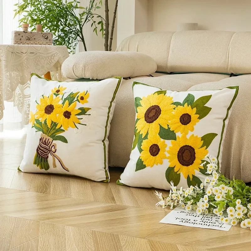 taies d'oreiller blanc motif tournesol décoratives opaques jacquard maison 45x45cm