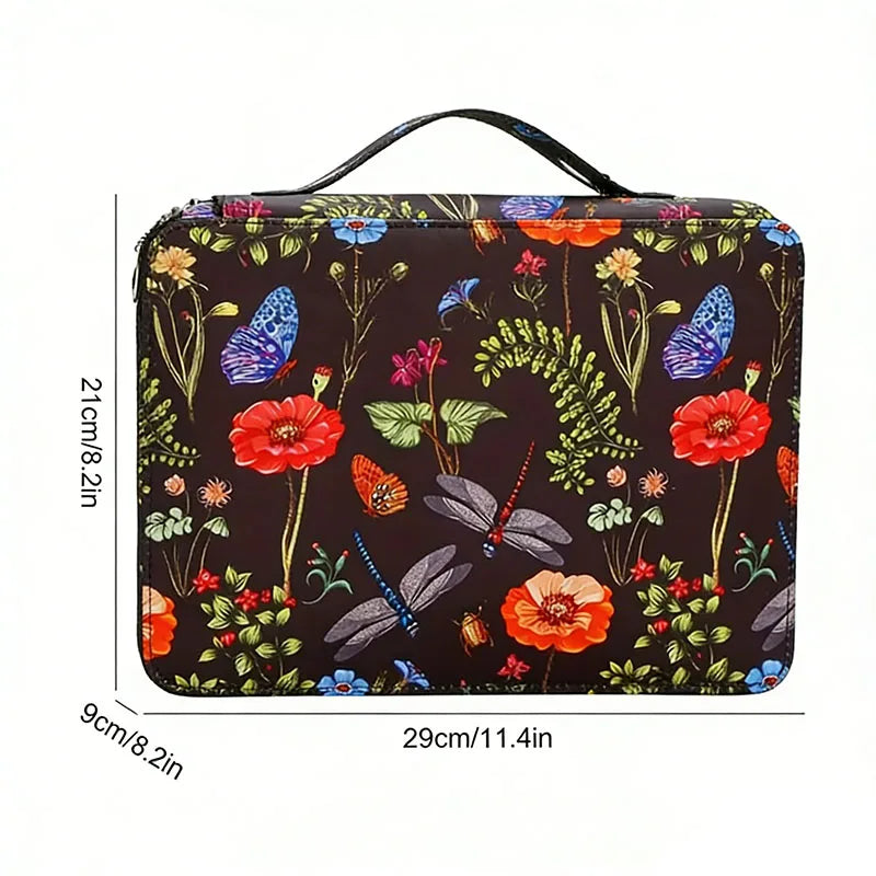 boîte crayons fleurs papillons zips 200 trous tissu polyestère moderne bleu vertclair