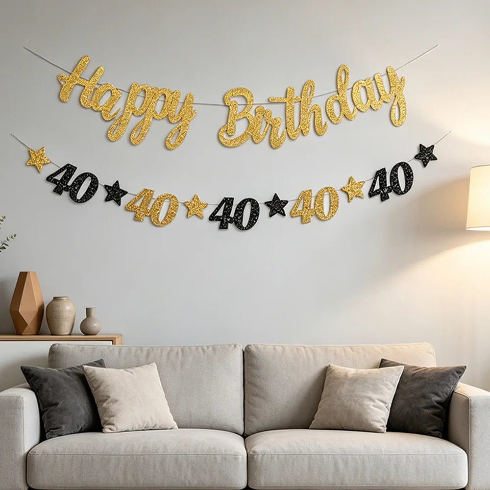 guirlande fête anniversaire or noir lettres étoiles élégante tringle fixée enfants festives
