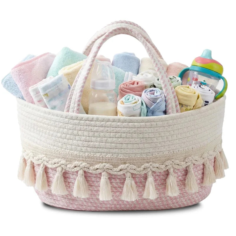 panier rangement tressé réutilisable compartiments couches jouets blanc rose beige