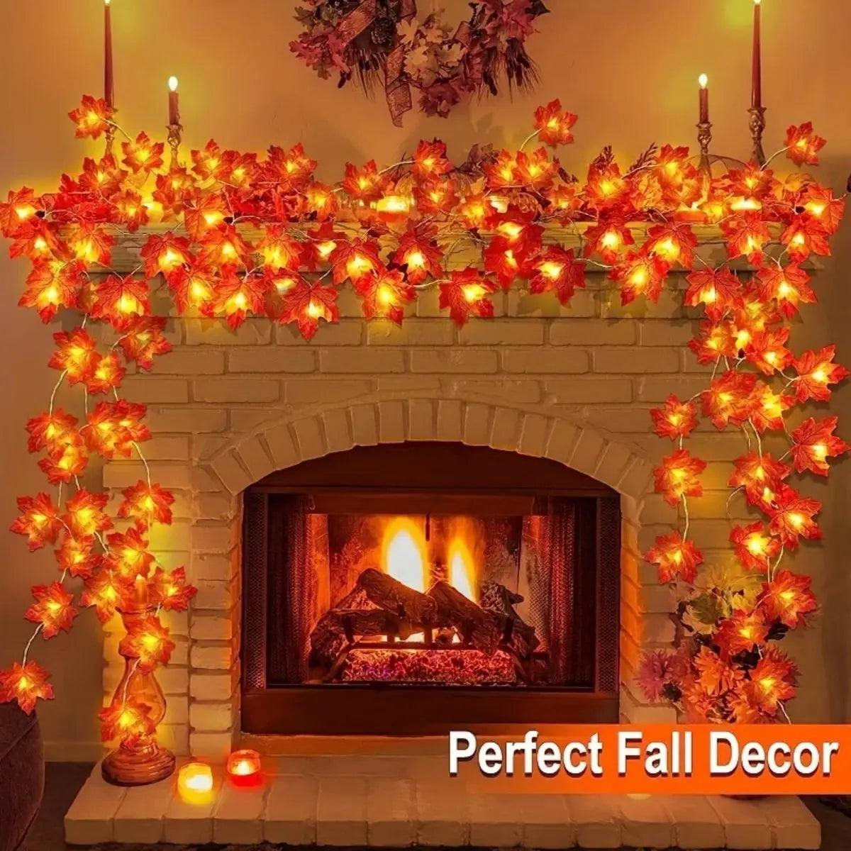 guirlande lumineuse feuilles érable rouges orange automne halloween 20 30 40 led batterie sèche