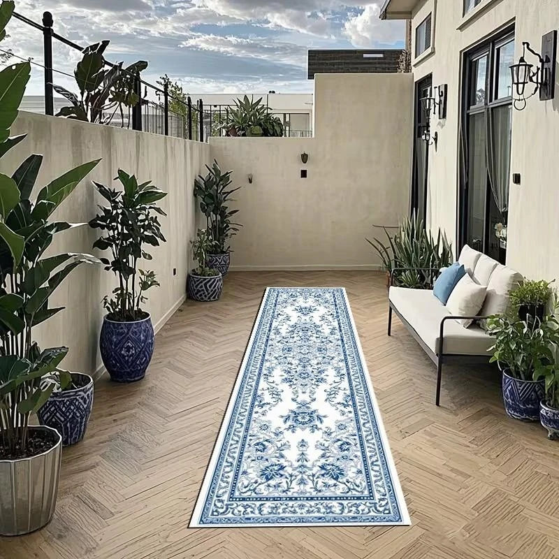 tapis floral blanc bleu classique vintage salon chambre couloir décoratifextérieur bohème