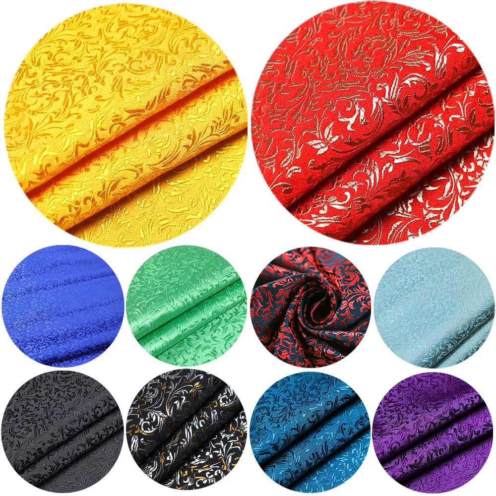 tissu brocart floral brillant polyrayon 75cm large rouge jaune vert bleu noir turquoise
