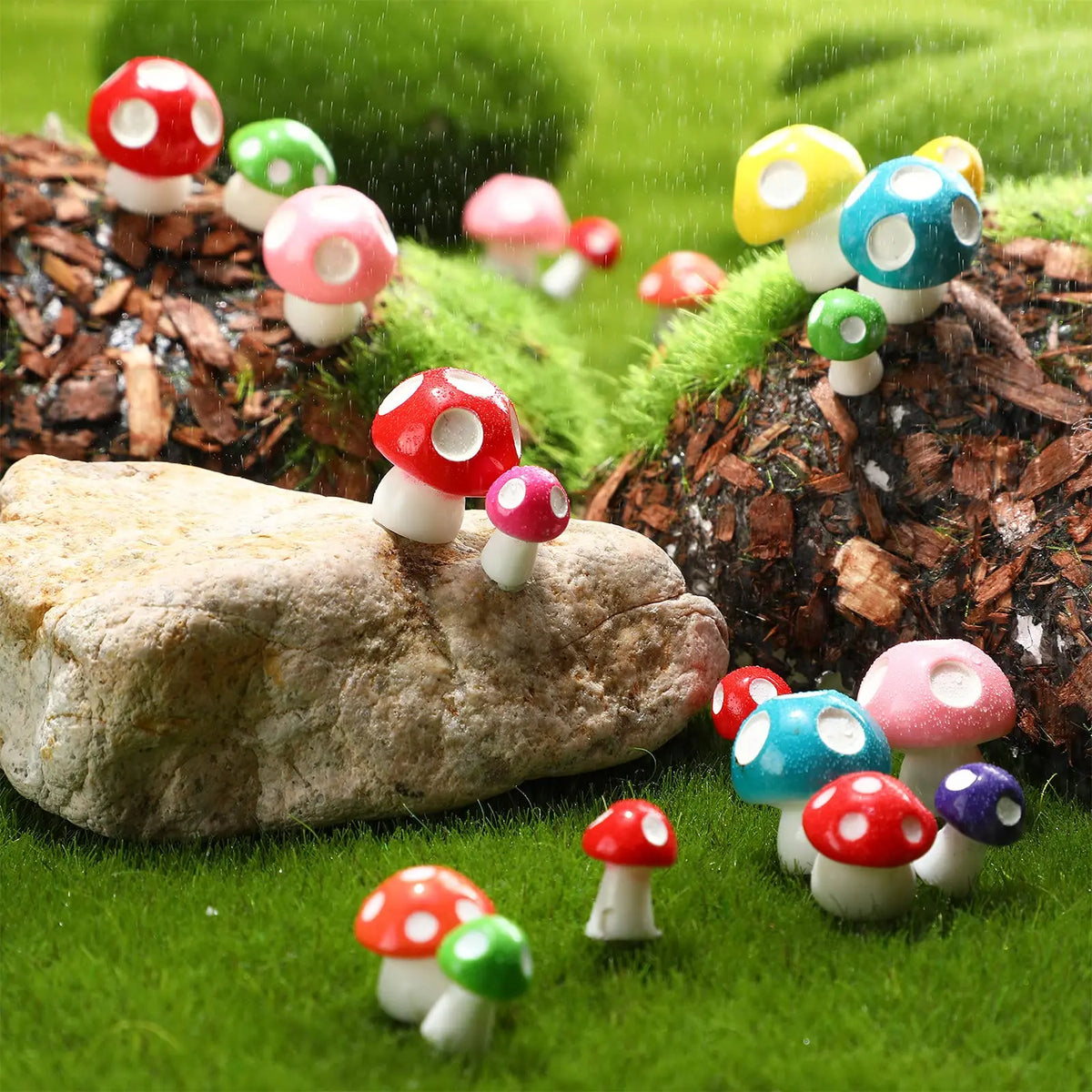 champignons décoratifs résine rouge blanc vert bleu orange rose violet points blancs chapeau fairy