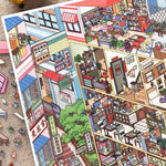 sticker scène urbaine multicolore illustrée cartoon détaillée bâtiments rues magasins voitures