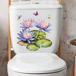 stickers decoratifs toilettes violet rose vert jaune fleurs lotus papillons peinture aquarelle salle bain