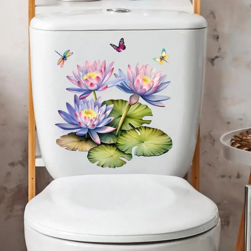 stickers decoratifs toilettes violet rose vert jaune fleurs lotus papillons peinture aquarelle salle bain