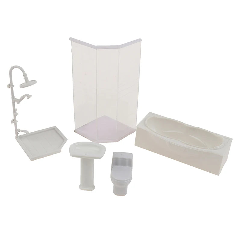 accessoires deco maison poupée ensemble salle bain douche baignoire evier wc resine blanc moderne
