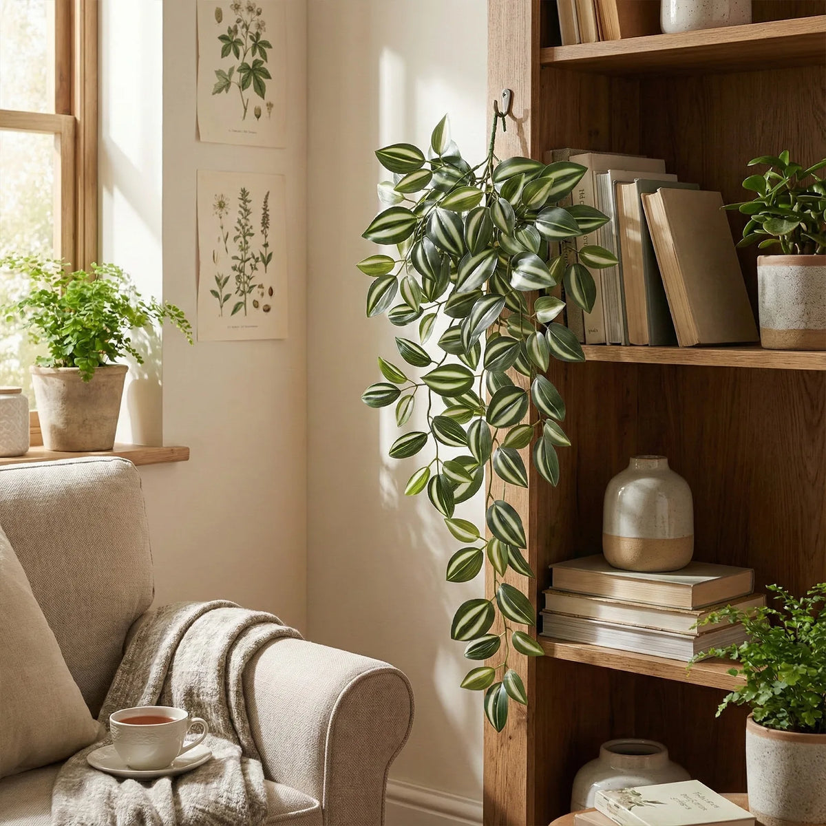 plante suspendue artificielle soie feuilles vertes blanches rayées décoration maison intérieure naturelle